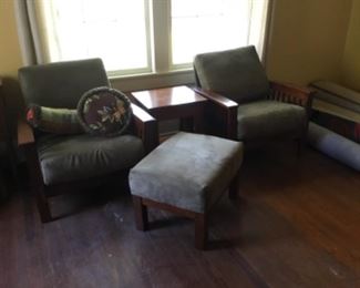 Mission style chairs and table with ottoman. 