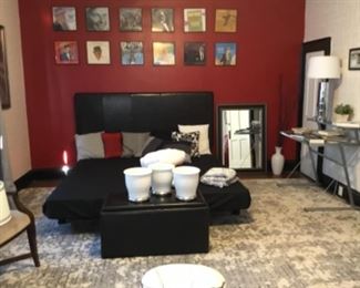 King leather headboard, rails, and box springs, just need a mattress. Glass desk, cool lamps, storage ottoman.