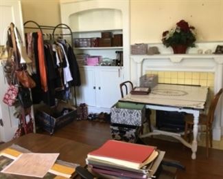 Enamel kitchen table, storage boxes, ladies plus size clothes, shoes, purses, and more. 