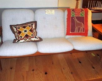    DOMINO MOBLER 3 SEAT SOFA, TEAK, $1,800.00  pristen appx size 50 wide x 28 deep x 30 high with a seat height of 16 inches 