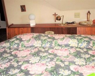   KING-SIZED PLATFORM BED WITH STORAGE DRAWERS AND BOOKCASE HEADBOARD,  $800.00