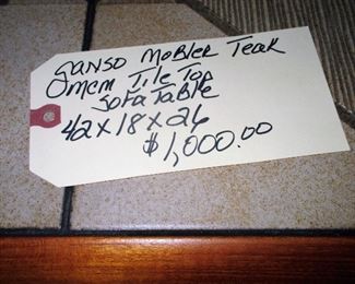   GANSO MOBLER TEAK MCM TILE TOP SOFA TABLE, 42X18X26  $1,100.00