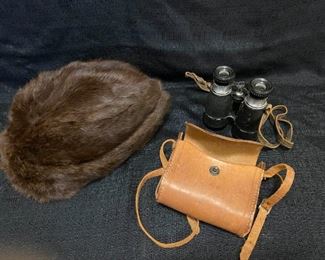 007 Vintage Achromatic Binoculars And Rabbit Fur Hat