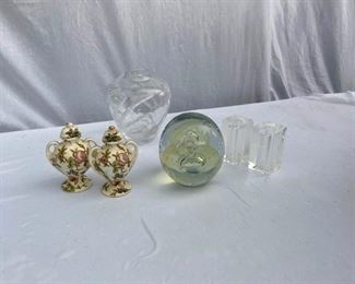 Eickholt Signed Hand Blown Paperweight, Oleg Cassini Glass Salt And Pepper Shakers, Cut Glass Vase