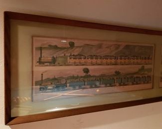 At top is reads "Plate III A Train of Waggons with Goods" "Plate IV (below) Train of Carriage with Cattle" at bottom "Traveling on the Liverpool and Manchester Railway 1831"