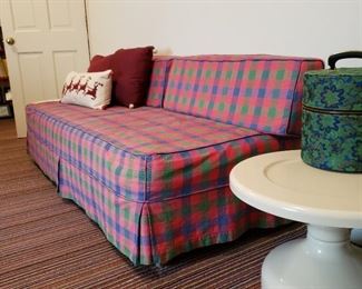 MCM vintage day bed with a pair of hard plastic round pedestal end tables (tables not labeled)