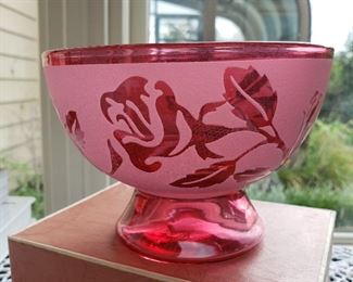 Cranberry glass pedestal bowl, signed "Kelsey / Pilgrim" for Kelsey Murphy of Pilgrim Glass