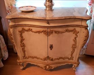 Faux marble top painted side cabinet