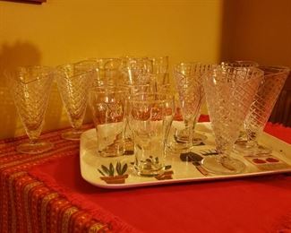 Vintage glassware including ice cream and Coke glasses