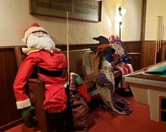 The gang is waiting their turn to play on the antique oak church pew
