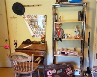 Vintage galore including the maple desk, Mad magazine poster, Mortimer Snerd ventriloquist puppet, Mickey Mouse puppet and this really cool vintage suitcase