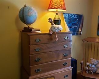 Maple tall chest and vintage globe with atlas