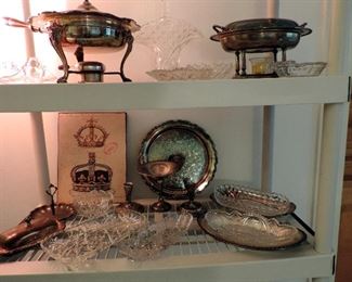 SILVERPLATE SERVING PIECES AND GLASSWARE