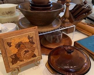 Vintage Wood Bowls, Vintage Pyrex, Knife Set...