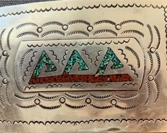 Vintage Sterling w Turquoise and Coral Inlay Belt Buckle