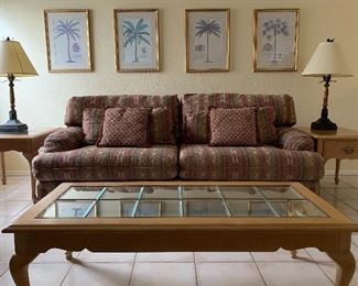 Living Room: Sofa, Loveseat, Coffee Table w Matching End Table, End Table, Table Lamps, Palm Art