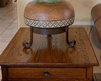 Oak and Iron End Table, Table Lamp