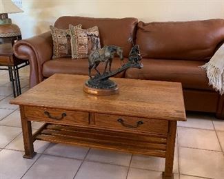 Leather Sofa, Arm Chair and Ottoman, Oak Coffee Table, 2 End Tables, Ginger Jar Table Lamp, Bronze Sculpture bv Gerry Courtney