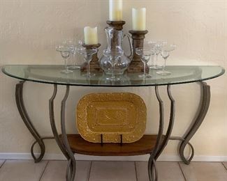 Demilune Glass and Metal Entry Table, Set/3 Pillars, Turkey Day Platter, Margarita Set