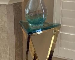 Brass Triangular Pedestal Table With Glass Top