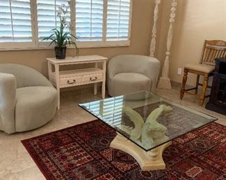 Swivel Chairs, Glass Top Fish Coffee able, Couristan Antique Nain Area Rug, Entry Table 