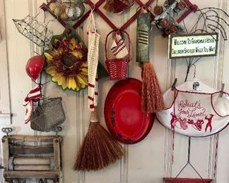 Eclectic mix of retro, antique and vintage kitchen items. Red enamel pans, egg baskets, and other great decorating items. 