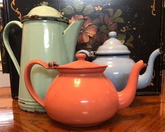 Unusual HTF Granite Ware  Pastel Colored Enamel Ware.... Coffee Pot and Tea Pots 