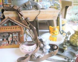 Primitive wood items, German Folk Art, Fenton Glass, Tin Toys and Brass Sleigh Bells