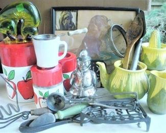 Lots of Corn Ware (photo shows small portion available), Retro Tin Canister set and lots of old Kitchen Ware