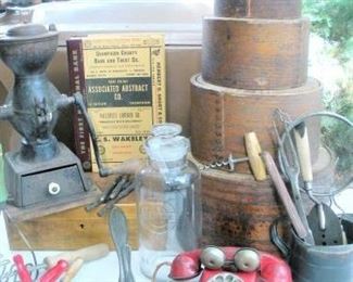 Wonderful old Arcada Counter Top Coffee Mill and Multiple sizes of Wooden Bins and Firkins