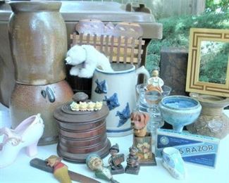 Great antique Stoneware, Crocks and Pottery, plus there will be 1 whole table of Anri Carved Wood & Folk Art pieces