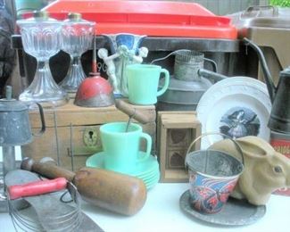 EAPG Oil Lamp, Jadeite Fireking, Old ABC China Plates, Wood Boxes and Tin Ware 