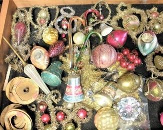 Late 1800's wire wrapped and tinsel Christmas ornament....just a sampling photographed of the antique holiday items