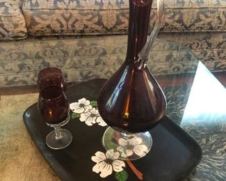 handblown glass decanter for pouring ancient elixir. Two glasses