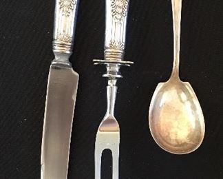 Sterling handled carving set and sterling spoon
