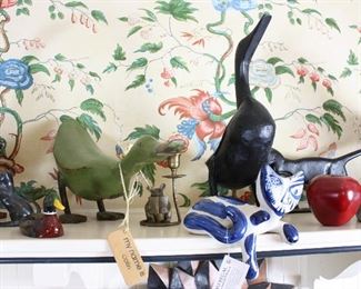 Cat sculpture, wooden ducks and other home decor