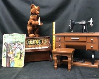 Vintage toy lot Miniature piano, miniature sewing machine decorative, wind up there, book
