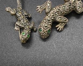 Pair of Sterling Silver Marcasite Emerald Lizard Reptile Pins Brooch