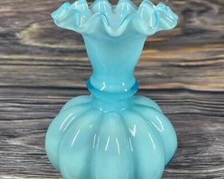 Small Fenton Robins Egg Blue Ruffled Crimped Melon Bud Vase
