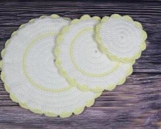Set of 3 White Yellow Crochet Knitted Doily Table Protectors