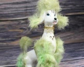 Vintage Ceramic Poodle Figurine Green Faux Fur