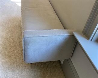 West Elm Landry Bench   Dimensions: 58.40"w x 16.30"d x 22.10"h
With its angled wood legs, tight frame and piped seams, our Landry Bench takes cues from classic American mid-century designs. Its streamlined silhouette makes it ideal at the foot of a bed or in an entryway.