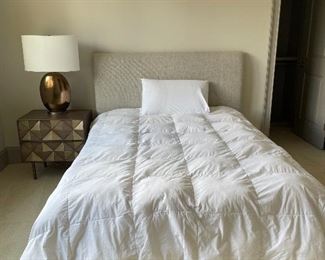 West Elm Andes Deco Upholstered Full Size Bed  & Pottery Barn Comforter & Serta New icomfort Mattress Full Size 