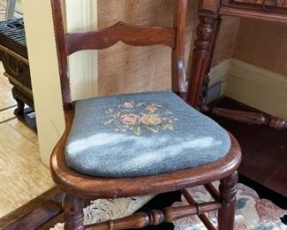 Antique Wood Carved Chair with Needlepoint Seat