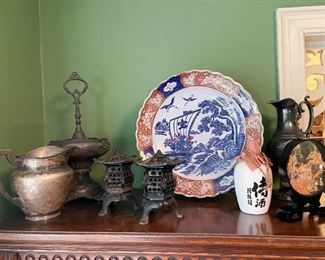 Silver Plate Pitchers, Cast Iron Japanese Lanterns, Platter, Chinese Cork Sculpture, Etc. 