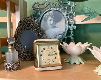 Perfume Bottle, Picture Frames, Vintage Travel Alarm Clock