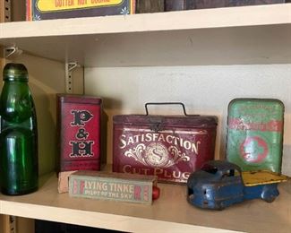 Green Glass Bottle, Antique Tins, Toy Flatbed Truck
