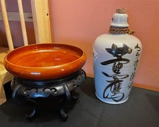 Asian Display Stand with Bowl, Japanese Stoneware Bottle