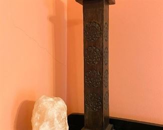 Salt Crystal Lamp, Wood Carved Pillar Candle Holder