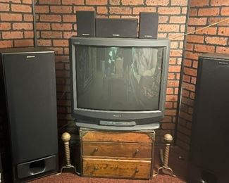 Pioneer Surround Sound Speaker Set, Fireplace Andirons, Vintage TV, Vintage Wooden 2-Drawer Chest